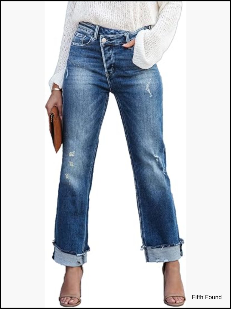 High Waisted Cargo Denim Jeans Straight Leg Stretchy Flap Pocket